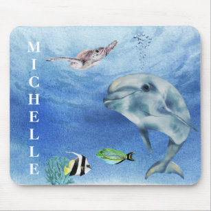 Watercolor Underwater Sea Dolphin Turtle Monogram Mouse Pad
