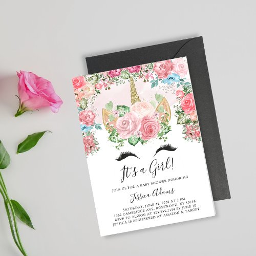 Watercolor Unicorn and Floral Baby Shower Invitation