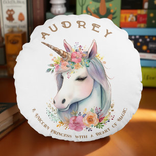 Watercolor Unicorn and Floral Wreath Round Pillow
