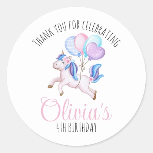 Watercolor Unicorn Balloon Birthday Party  Classic Round Sticker