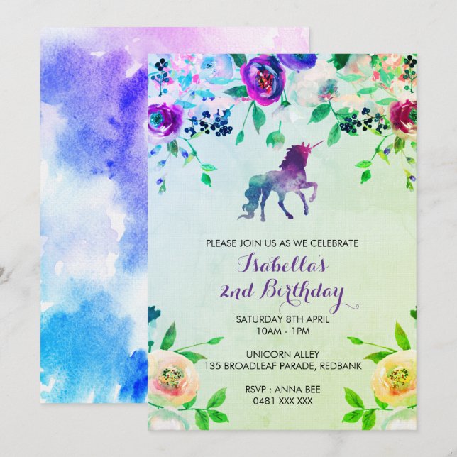Watercolor unicorn birthday girl invitation (Front/Back)
