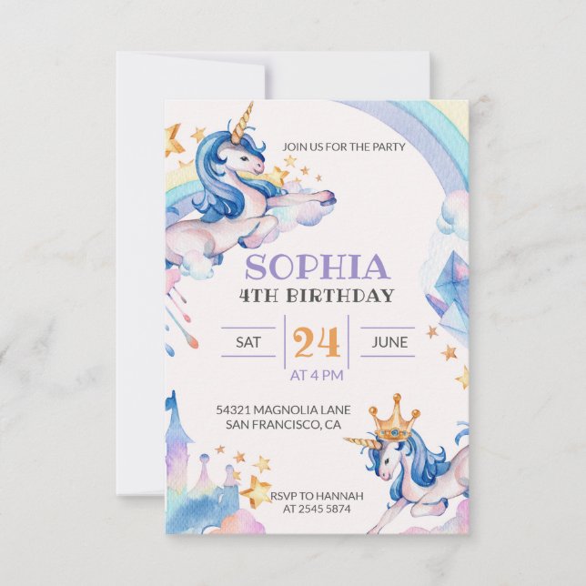 Watercolor Unicorn Birthday  Invitation (Front)