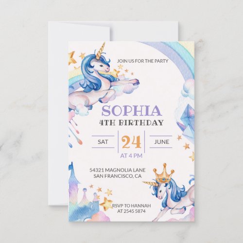 Watercolor Unicorn Birthday  Invitation