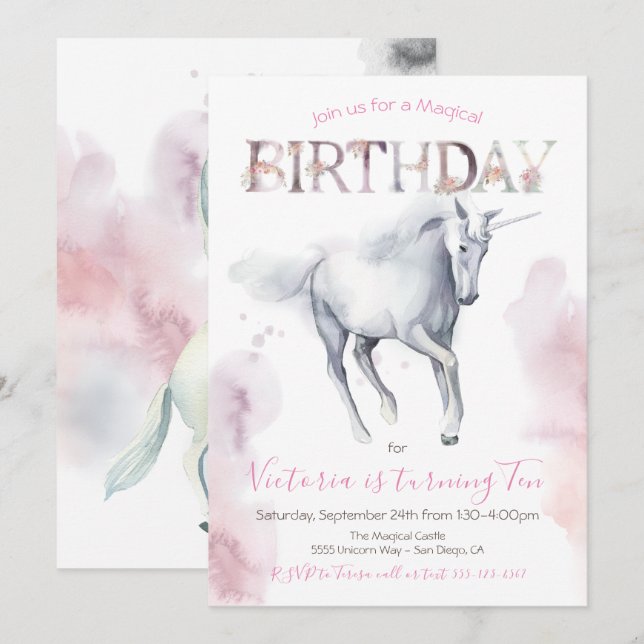 Watercolor Unicorn Birthday Invitation (Front/Back)