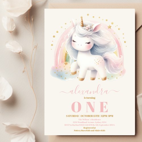 Watercolor Unicorn Birthday Invitation 1st