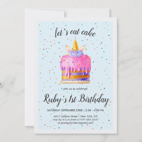 Watercolor Unicorn Cake Birthday Invitation