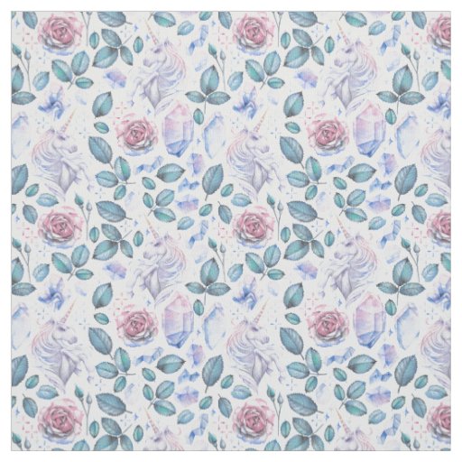 Watercolor Unicorn Crystals & Roses Pattern Fabric