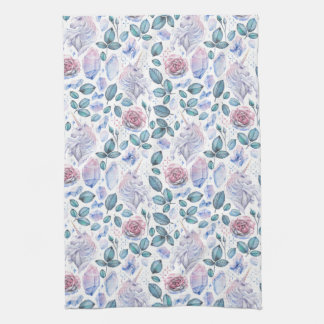 Watercolor Unicorn Crystals & Roses Pattern Kitchen Towel