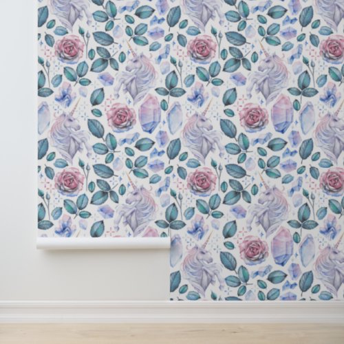 Watercolor Unicorn Crystals  Roses Pattern Wallpaper