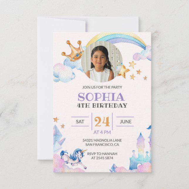 Watercolor Unicorn Custom Photo Birthday   Invitation (Front)