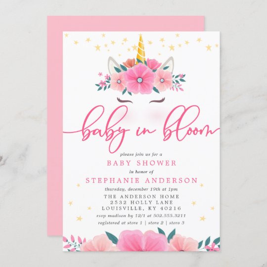 Watercolor Unicorn Face Baby In Bloom Baby Shower Invitation Zazzle Com