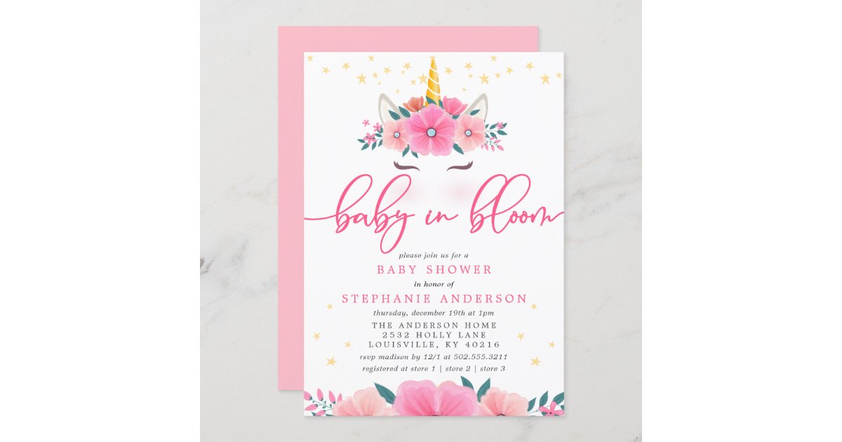 Watercolor Unicorn Face Baby In Bloom Baby Shower Invitation Zazzle Com