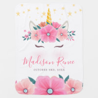 Watercolor Unicorn Face Floral Stars Baby Blanket