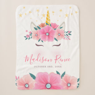 Watercolor Unicorn Face Floral Stars Baby Sherpa Blanket