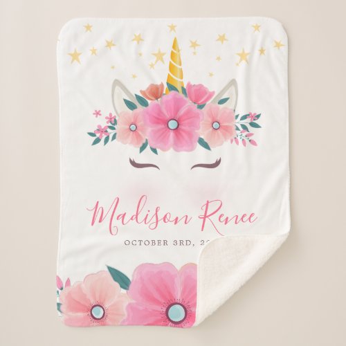 Baby Shower Gifts 18 Watercolor Unicorn Face Floral Stars Baby Sherpa Blanket