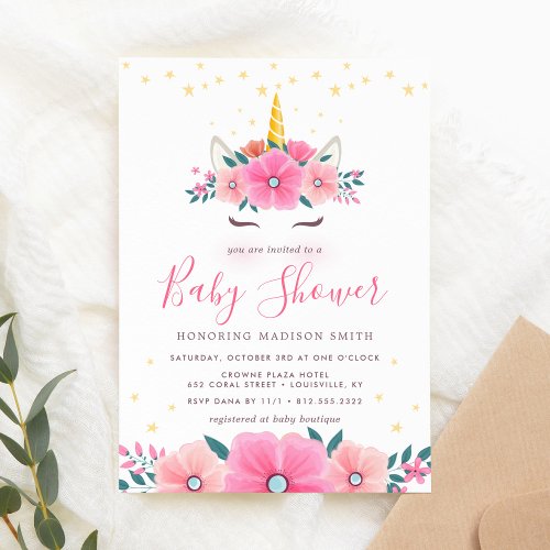 Baby Shower Invitations 12 Watercolor Unicorn Face Floral Stars Baby Shower Invitation