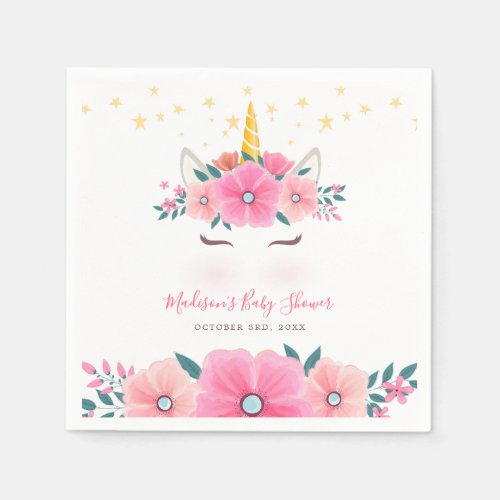 Watercolor Unicorn Face Floral Stars Baby Shower Napkins