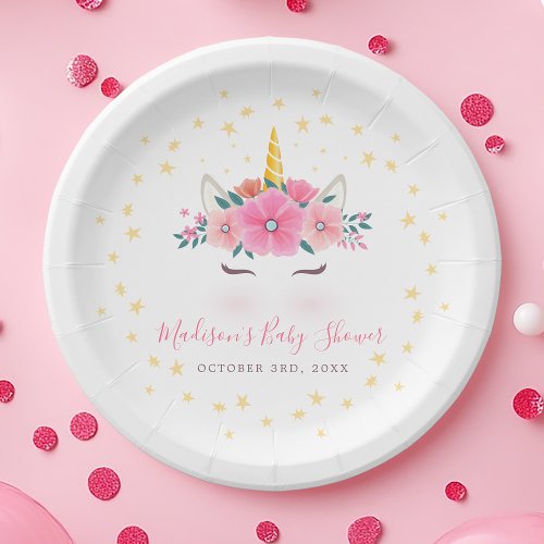 Watercolor Unicorn Face Floral Stars Baby Shower Paper Plates