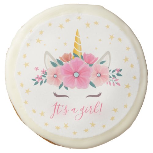 Watercolor Unicorn Face Floral Stars Baby Shower Sugar Cookie