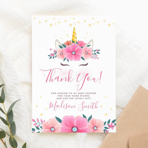 Baby Shower Favors 7 Watercolor Unicorn Face Floral Stars Baby Shower Thank You Card