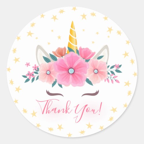 Baby Shower Favors 6 Watercolor Unicorn Face Floral Stars Thank You Classic Round Sticker