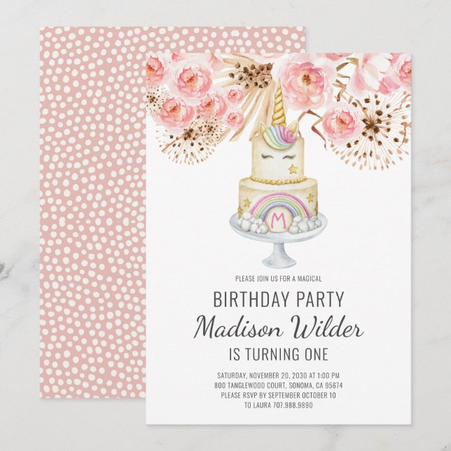 Watercolor Unicorn  First Birthday Girl Invitation (Front/Back)