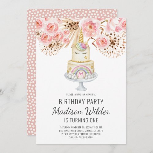 Watercolor Unicorn  First Birthday Girl Invitation