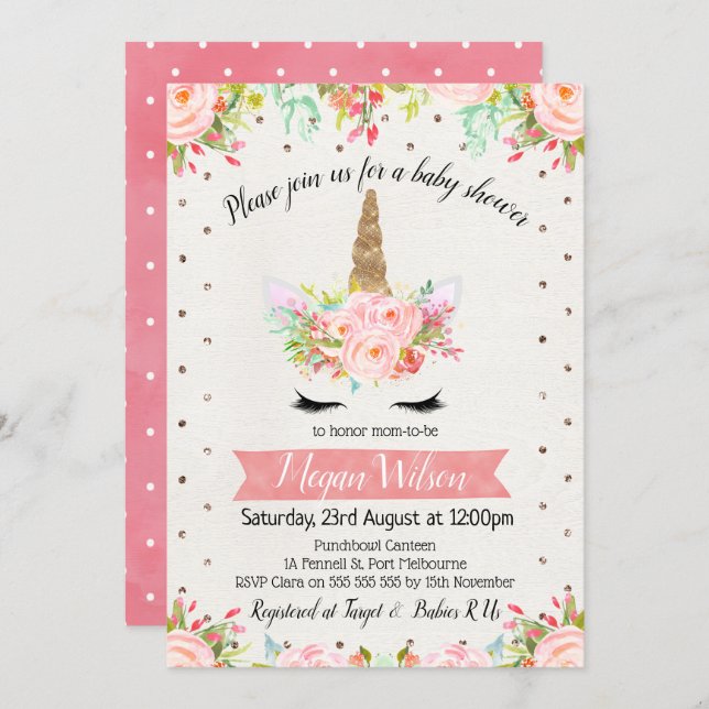 Watercolor Unicorn Floral Baby Shower Invitation (Front/Back)