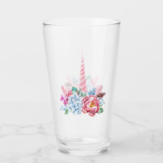 Watercolor Unicorn Floral Crown Glass (Front)