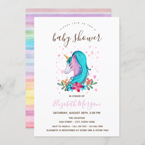 Watercolor Unicorn Flowers Striped Baby Shower Invitation