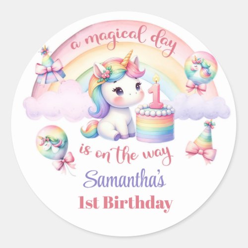 Watercolor Unicorn Girl 1st Birthday magic rainbow Classic Round Sticker