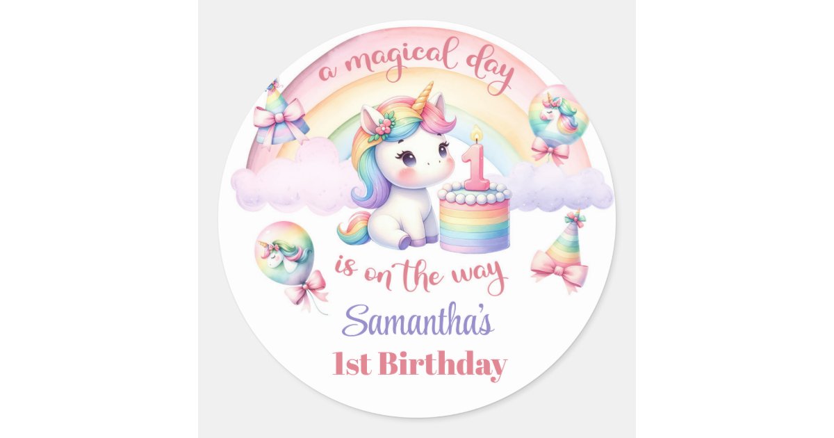 1st Sticker Watercolor Unicorn Girl 1st Birthday magic rainbow Classic Round ...