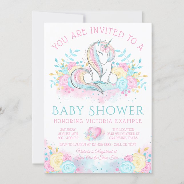 Watercolor Unicorn Girl Baby Shower Invitation (Front)