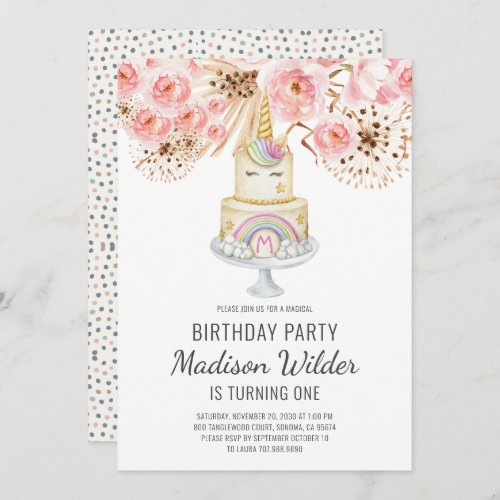 Watercolor Unicorn Girl First Birthday Invitation