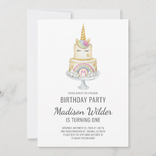 Watercolor Unicorn Girl First Birthday Invitation