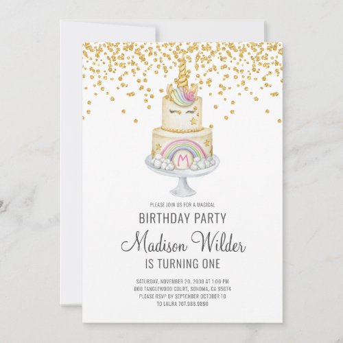 Watercolor Unicorn Girl Glitter First Birthday  Invitation