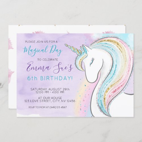 Watercolor Unicorn Magical Day Girls Birthday Invitation