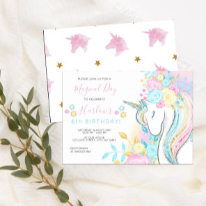 Watercolor Unicorn Magical Day Girl's Birthday Invitation