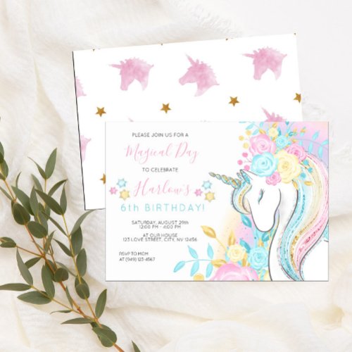 Watercolor Unicorn Magical Day Girls Birthday Invitation