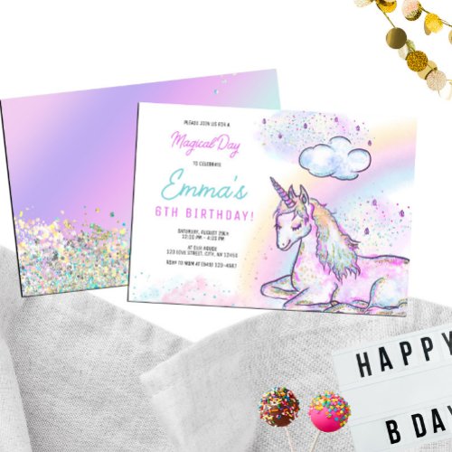 Watercolor Unicorn Magical Day Girls Birthday Invitation