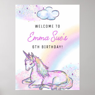 Watercolor Unicorn Magical Day Girl's Birthday Poster
