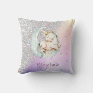 Watercolor Unicorn Moon Stars,Silver Glitter Bokeh Throw Pillow