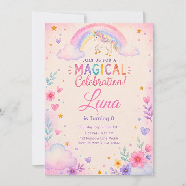 Watercolor Unicorn Party Invite (Front)