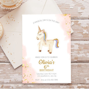 Watercolor Unicorn pastel gold glitter Birthday Invitation