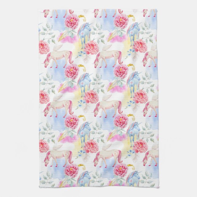 Watercolor Unicorn & Pegasus Pattern Kitchen Towel (Vertical)