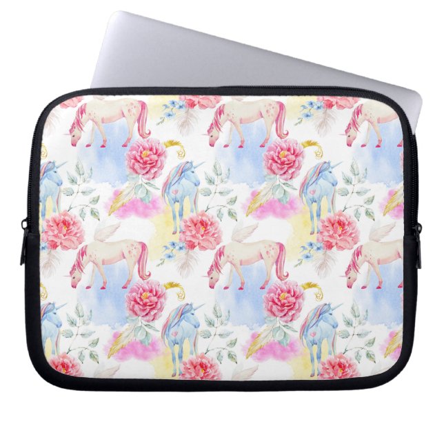 Watercolor Unicorn & Pegasus Pattern Laptop Sleeve (Front)