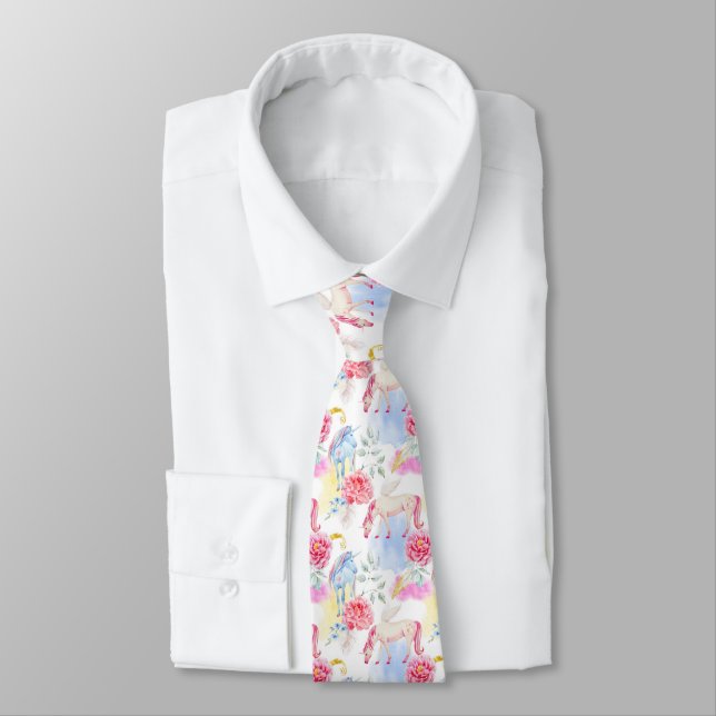 Watercolor Unicorn & Pegasus Pattern Neck Tie (Tied)