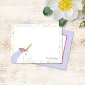 Watercolor Unicorn Pink Purple Gold Glitter Girly Note Card