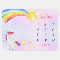 Watercolor Unicorn Rainbow Cute Girl Milestone Baby Blanket