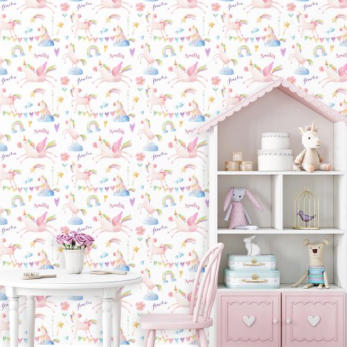 Watercolor Unicorn Rainbow Personalized Girl Name Wallpaper